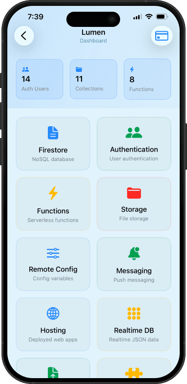FireLog dashboard showing auth user, collection and function counts above a grid of Firebase services