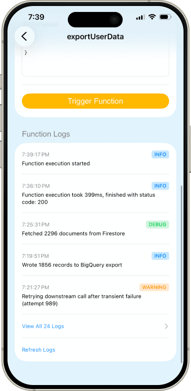 FireLog function log stream for exportUserData showing INFO, DEBUG and WARNING entries