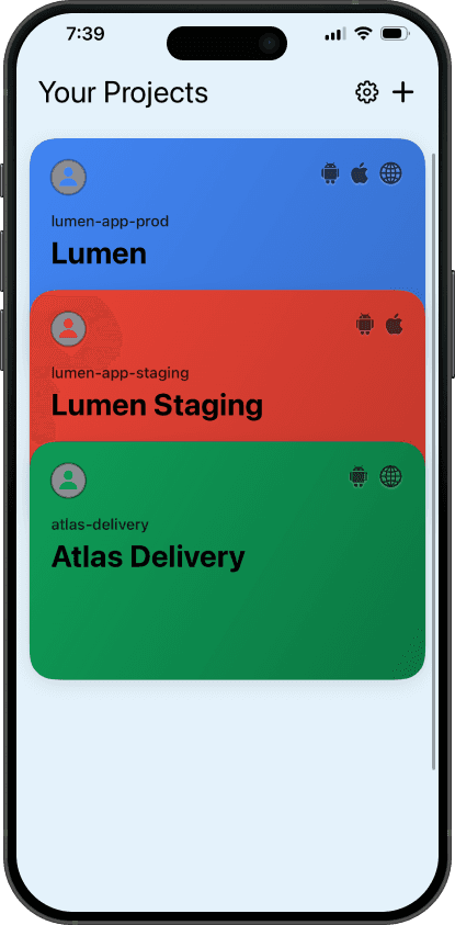 FireLog project list showing Lumen, Lumen Staging and Atlas Delivery with platform badges